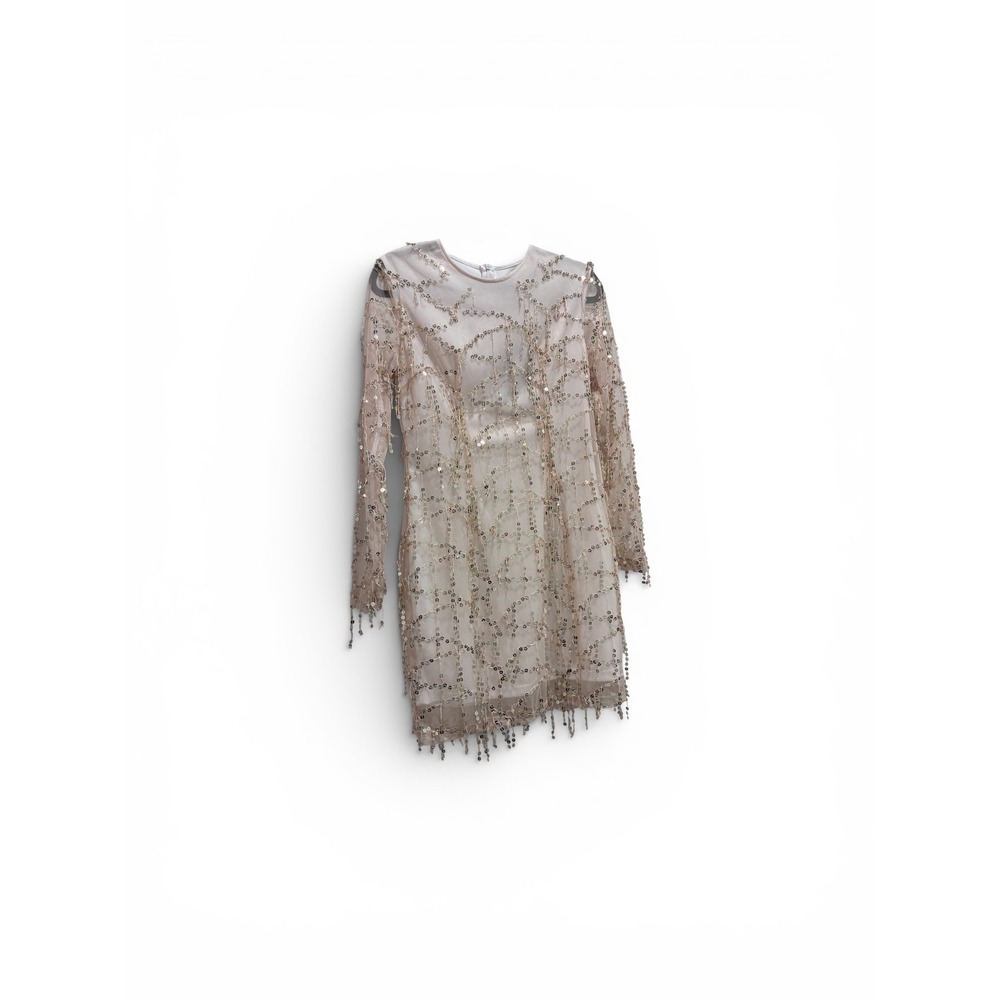 White Gold Sequin‎ Mesh Fringe Long Sleeve Bodycon Dress US8 NEW